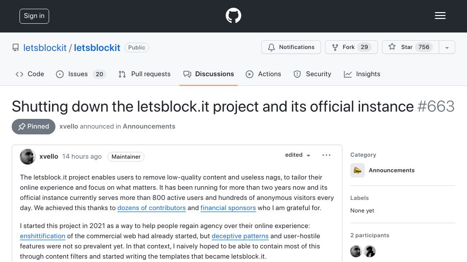 Screenshot of github.com: Shutting down the letsblock.it project and its official instance