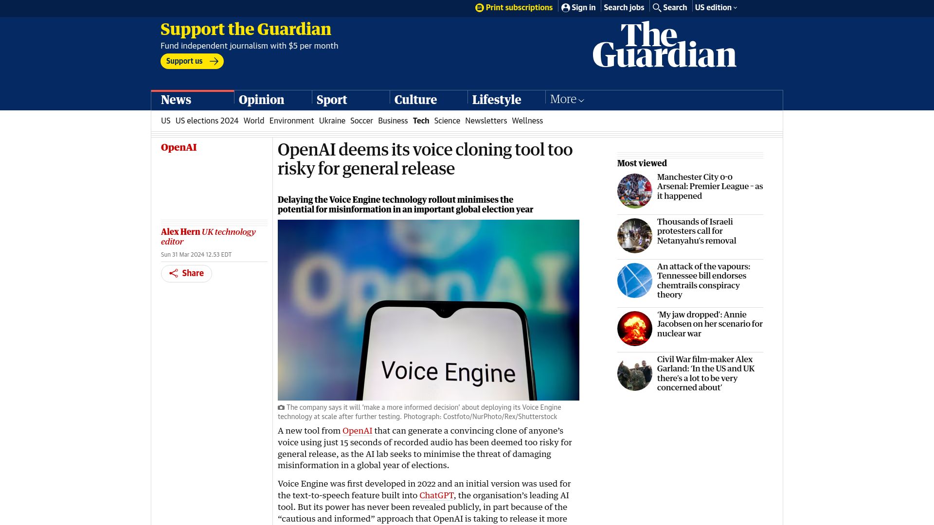 Screenshot of theguardian.com: OpenAI deems its voice cloning tool too risky for general release