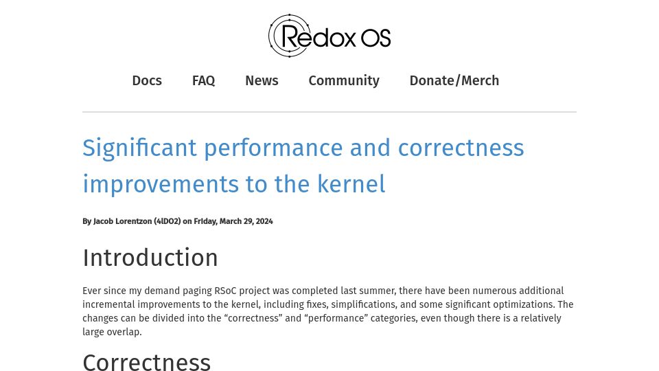 Screenshot of redox-os.org: Significant performance and correctness improvements to the kernel