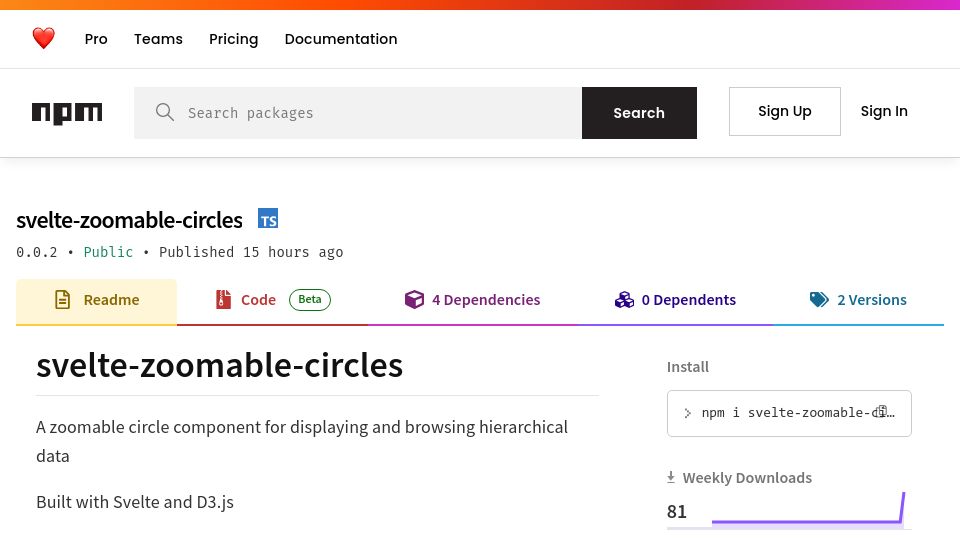 Screenshot of npmjs.com: Zoomable Circles, a Svelte component for hierarchical data