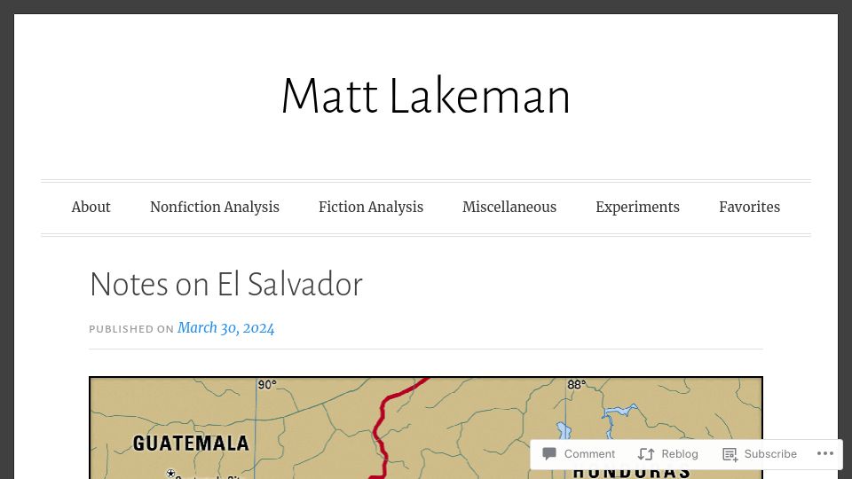 Screenshot of mattlakeman.org: Notes on El Salvador