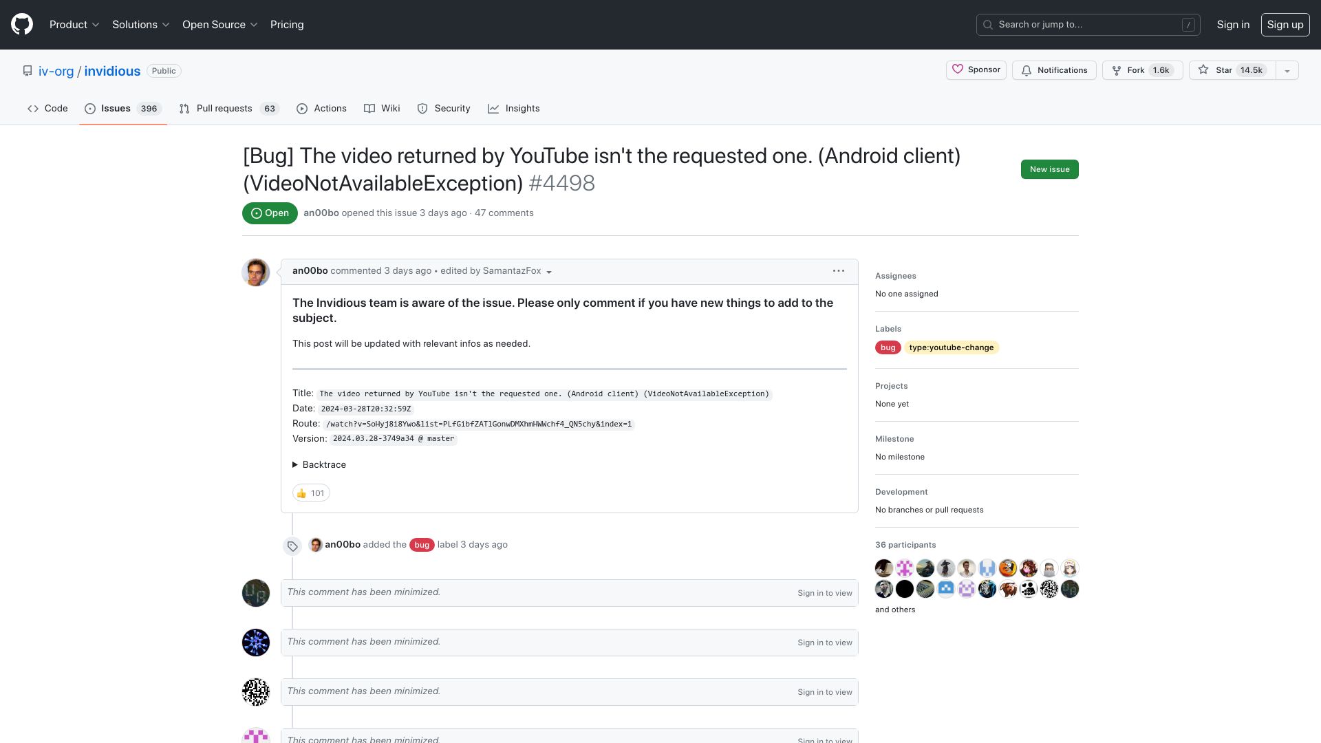 Screenshot of github.com: How Google fights Invidious (a privacy YouTube Front end)