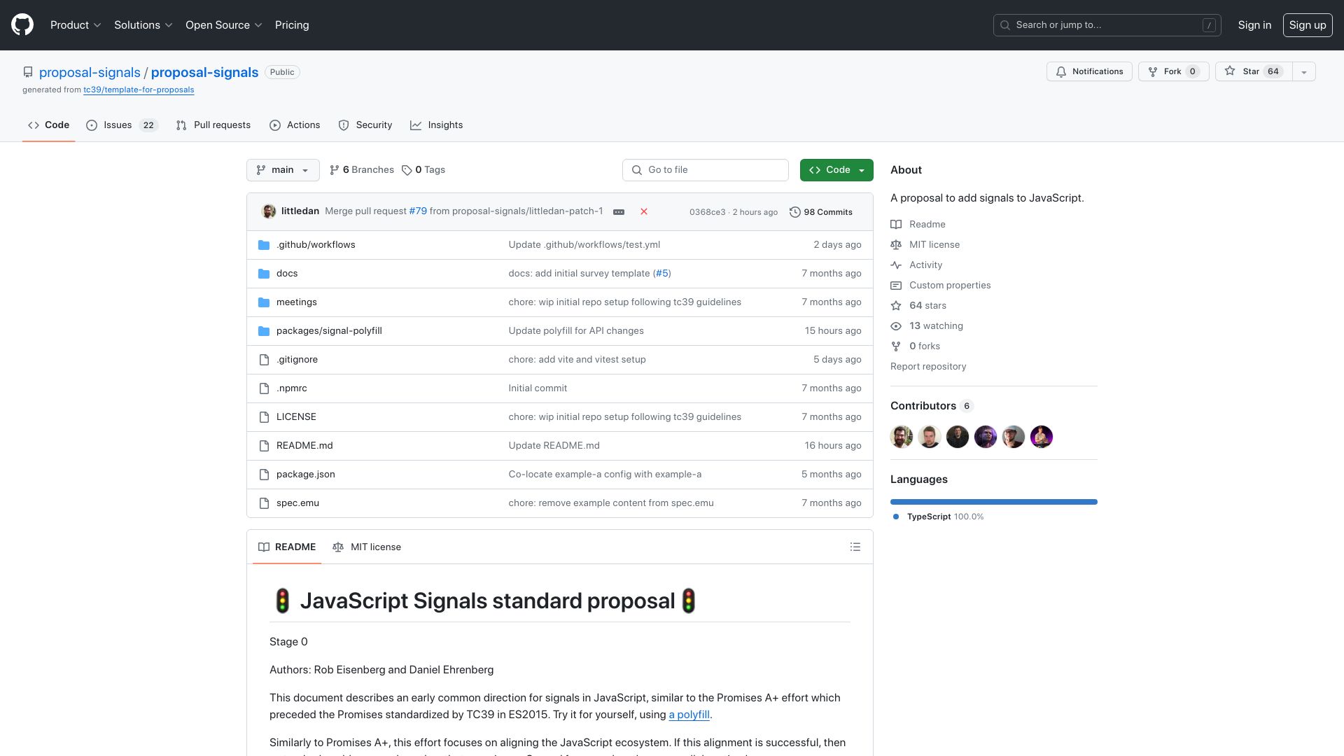 Screenshot of github.com: A proposal to add signals to JavaScript