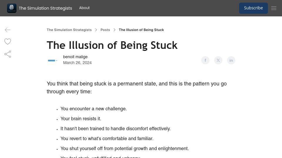 Screenshot of the-simulation-strategists.beehiiv.com: The illusion of being stuck