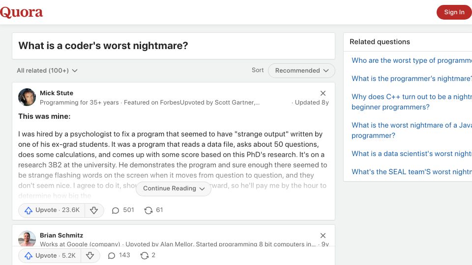 Screenshot of quora.com: What is a coder's worst nightmare? (2016)