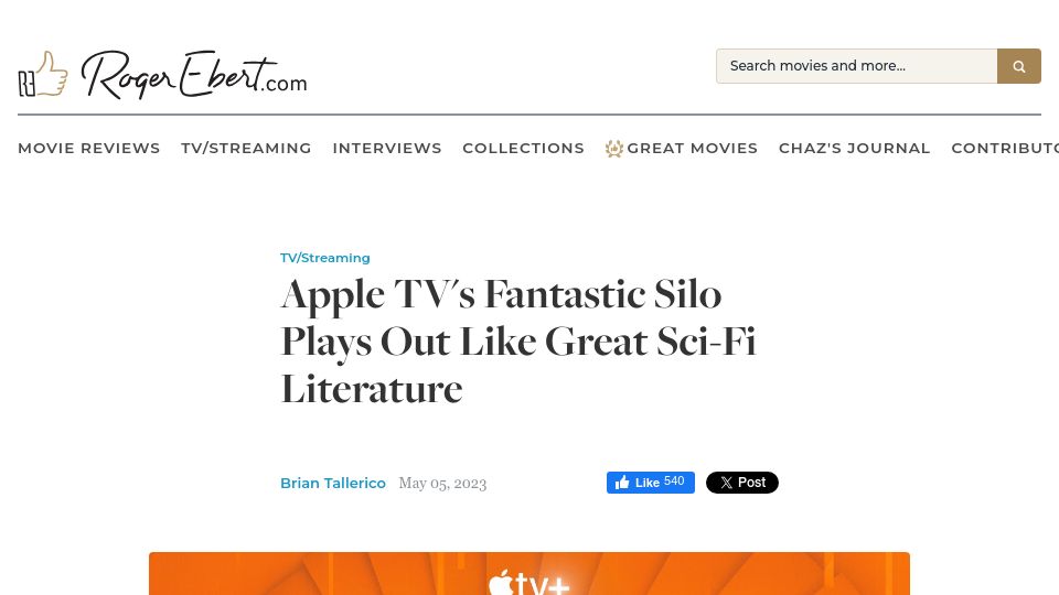 Screenshot of rogerebert.com: Apple TV's Fantastic "Silo" Plays Out Like Great Sci-Fi Literature (2023)