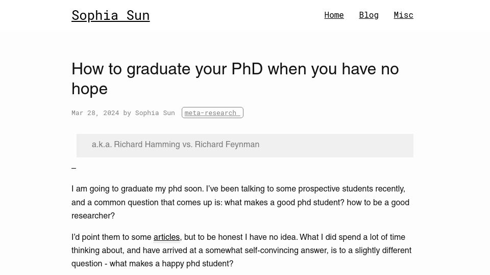 Screenshot of huiwenn.github.io: How to graduate your PhD when you have no hope