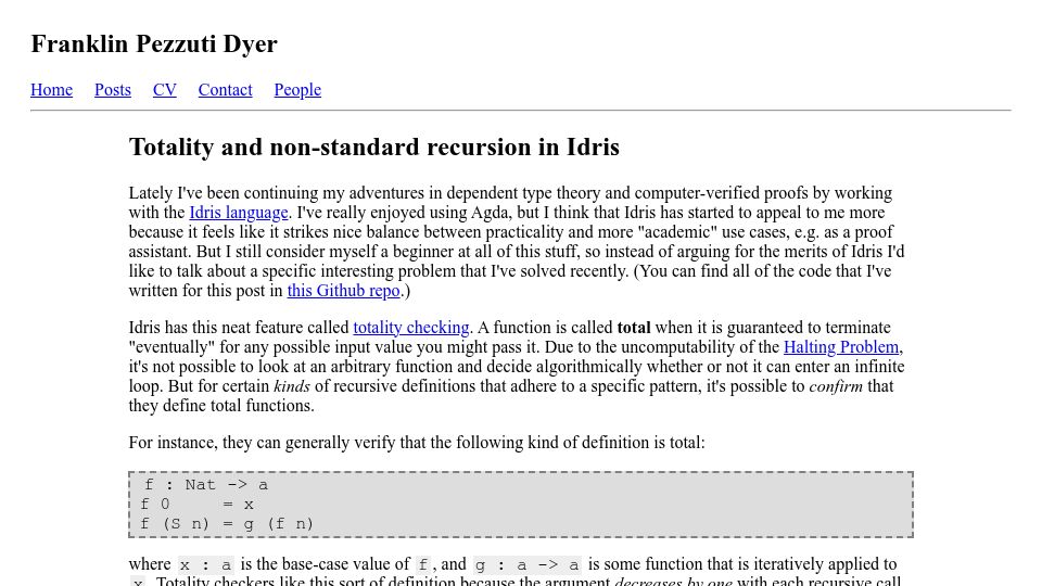 Screenshot of franklin.dyer.me: Totality and non-standard recursion in Idris