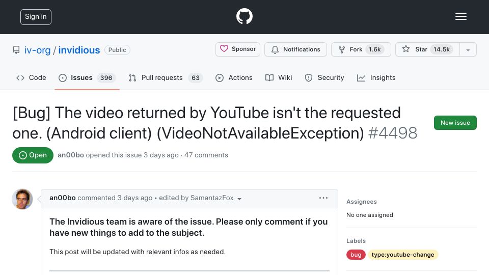 Screenshot of github.com: How Google fights Invidious (a privacy YouTube Front end)