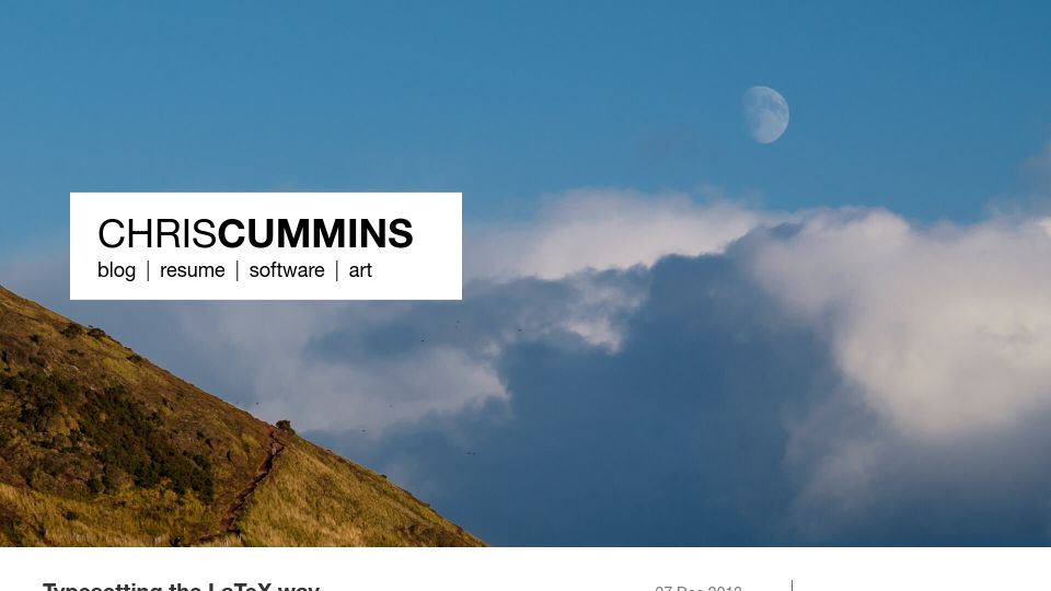 Screenshot of chriscummins.cc: Typesetting the LaTeX Way (2013)