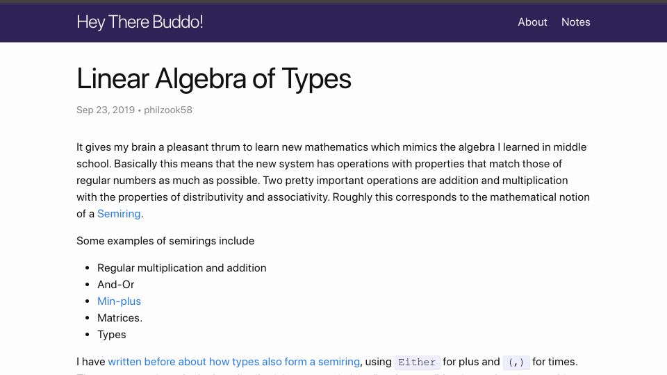 Screenshot of philipzucker.com: Linear Algebra of Types (2019)