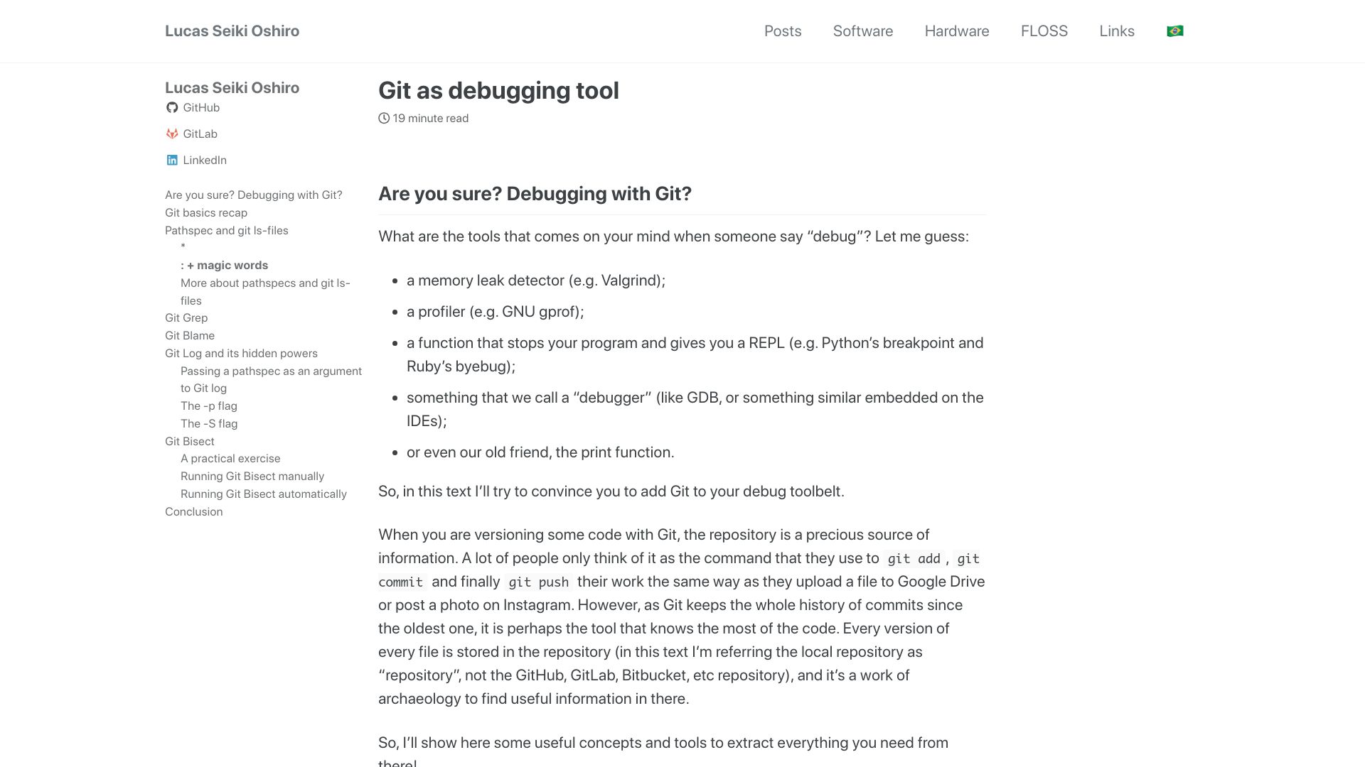 Screenshot of lucasoshiro.github.io: Git as a debugging tool