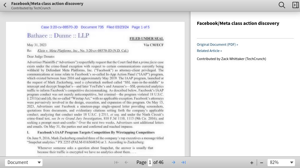 Screenshot of documentcloud.org: Meta's Onavo VPN removed SSL encryption of competitor's analytics traffic