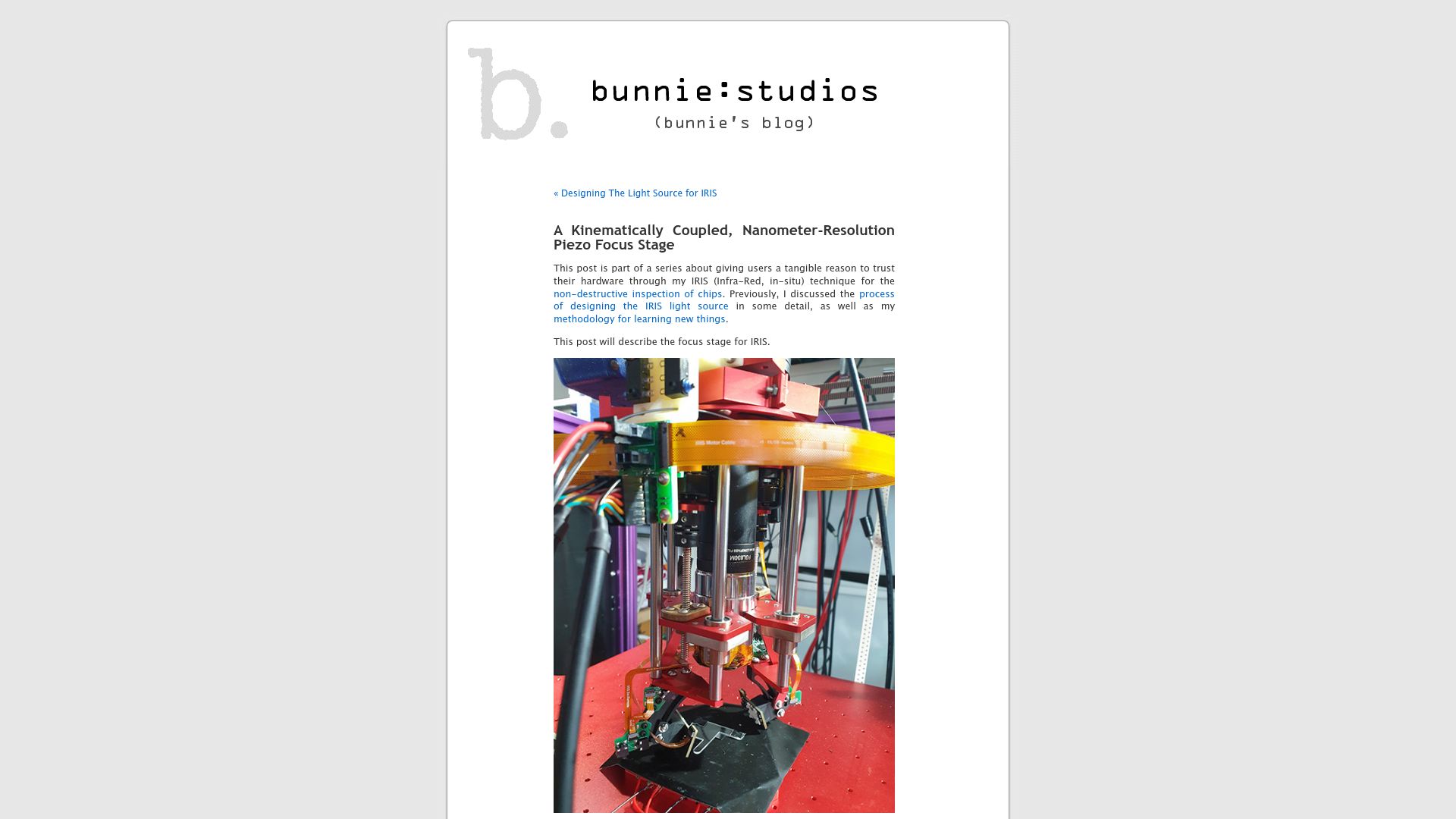 Screenshot of bunniestudios.com: A kinematically coupled, nanometer-resolution piezo focus stage