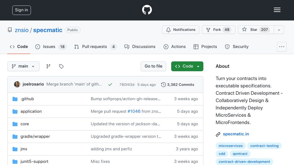 Screenshot of github.com: Specmatic: transform API specs into executable contracts