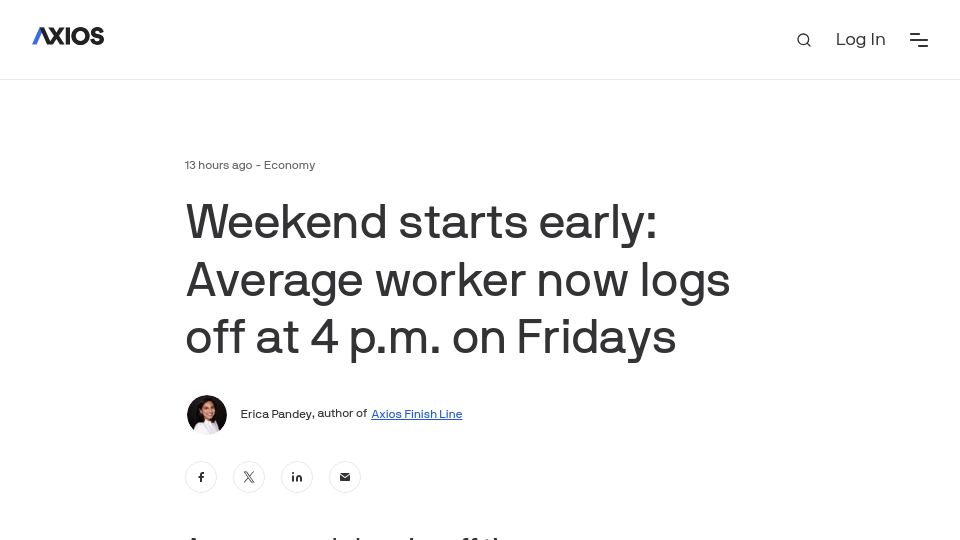 Screenshot of axios.com: Average worker now logs off at 4 p.m. on Fridays