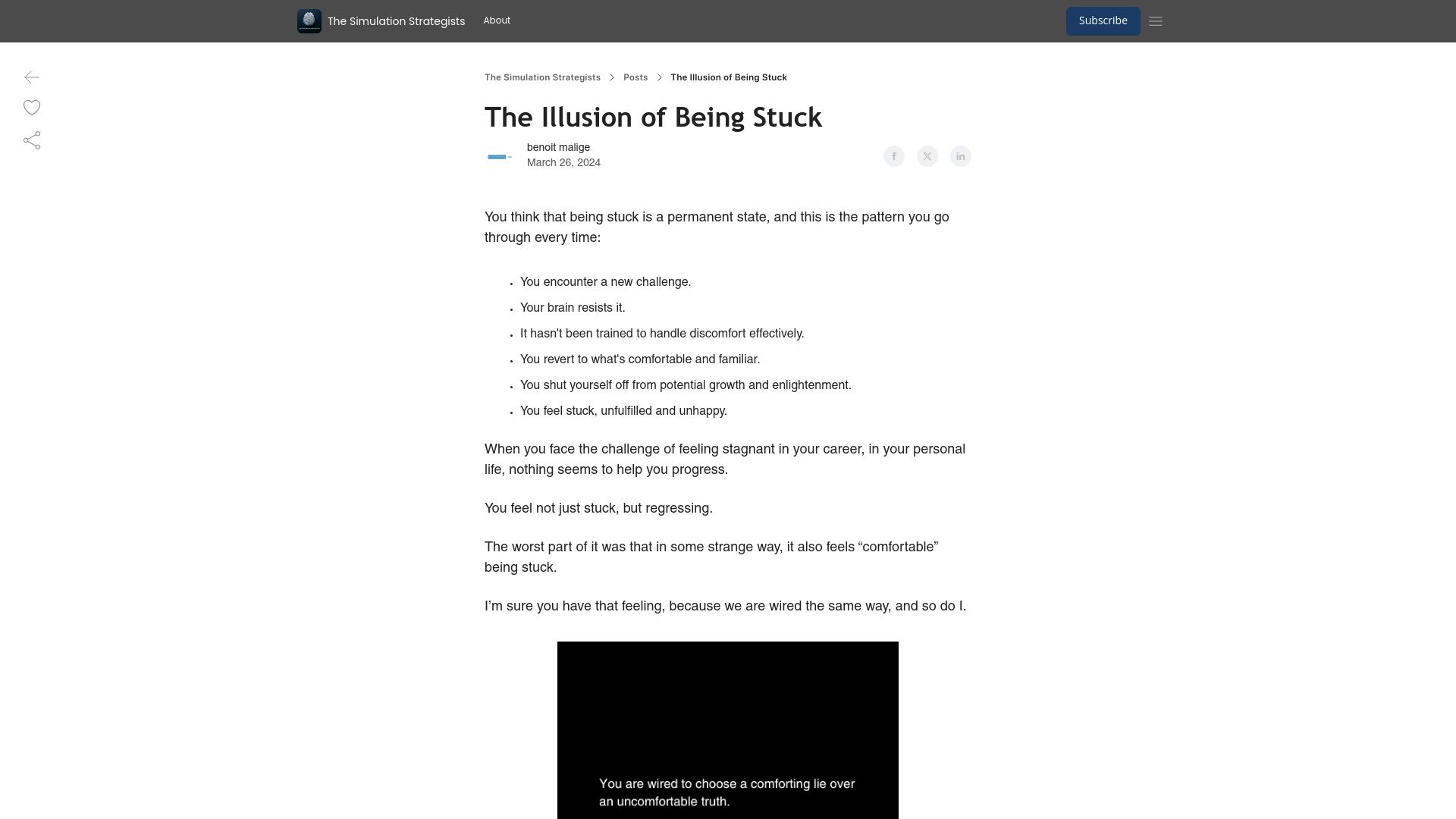 Screenshot of the-simulation-strategists.beehiiv.com: The illusion of being stuck