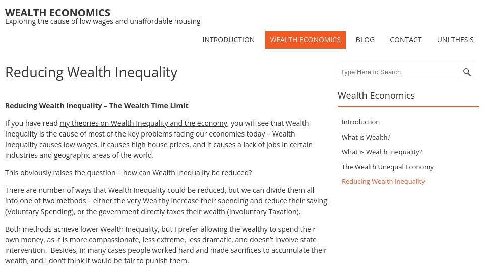 Screenshot of wealtheconomics.org: Reducing Wealth Inequality: The Wealth Time Limit