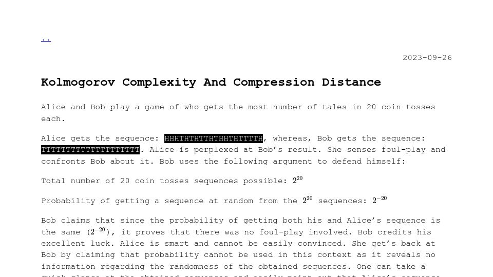 Screenshot of smunshi.net: Kolmogorov Complexity and Compression Distance (2023)