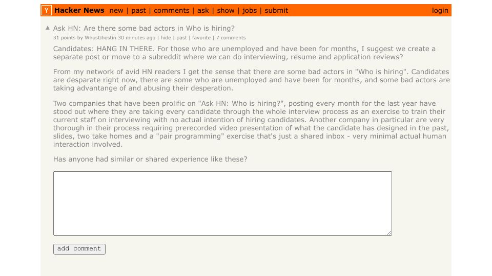 Screenshot of Hacker News post: Ask HN: Are there some bad actors in Who is hiring?
