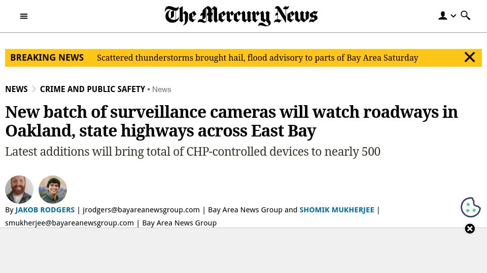 Screenshot of mercurynews.com: New Calif Highway Surveillance Uses More Than Cameras