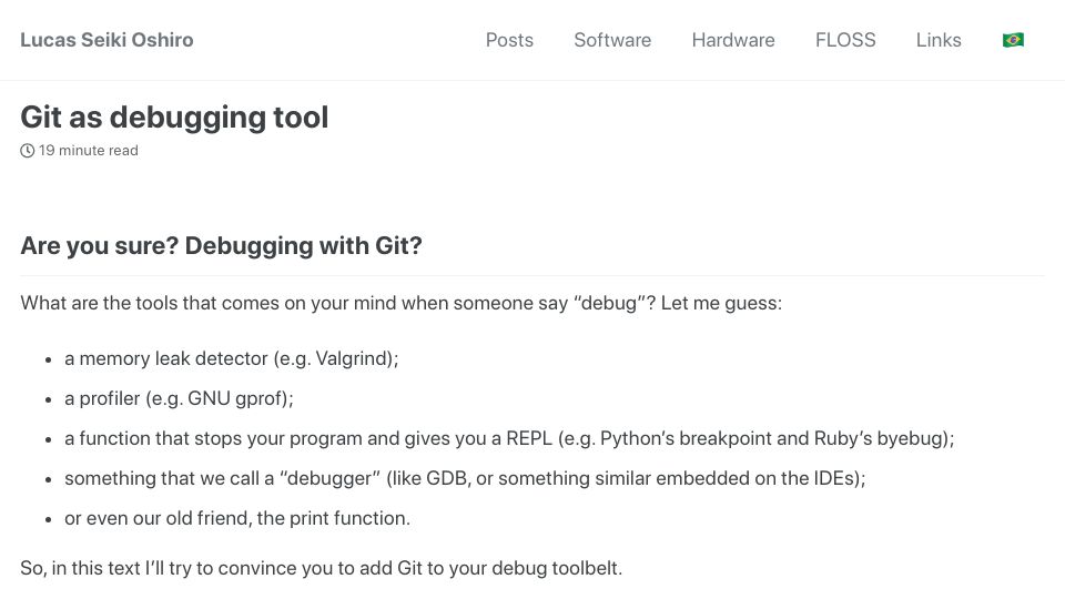 Screenshot of lucasoshiro.github.io: Git as a debugging tool