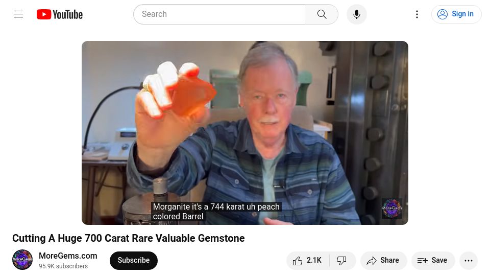 Screenshot of youtube.com: Cutting a 700 carat rare valuable gemstone [video]