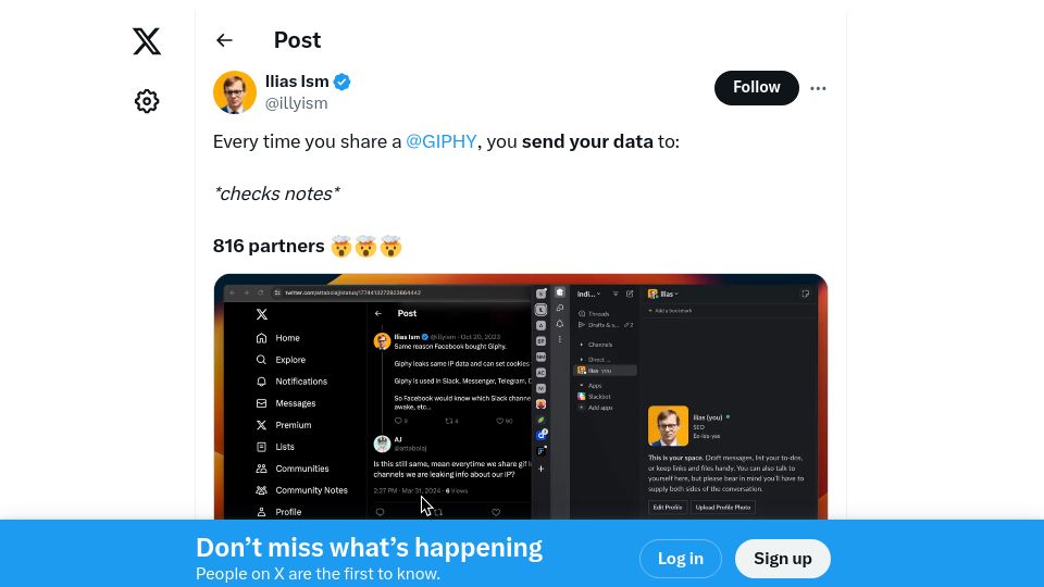 Screenshot of twitter.com: Giphy is sharing your IP address and private data to 816 partners