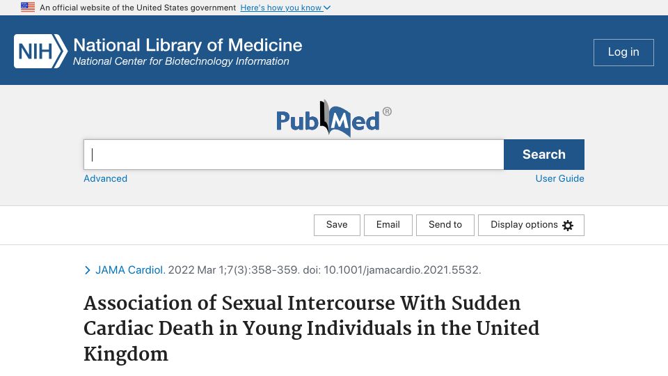 Screenshot of pubmed.ncbi.nlm.nih.gov: Association of Sexual Intercourse with Sudden Cardiac Death in UK Young