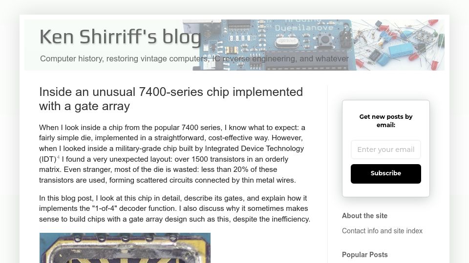 Screenshot of righto.com: An unusual 7400-series chip implemented with a gate array