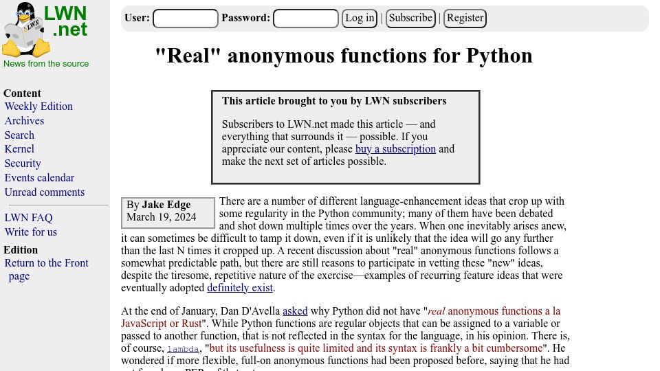 Screenshot of lwn.net: "Real" anonymous functions for Python