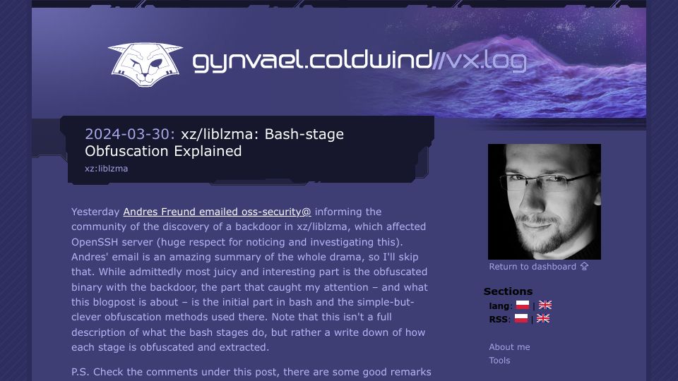 Screenshot of gynvael.coldwind.pl: Xz/liblzma: Bash-stage Obfuscation Explained