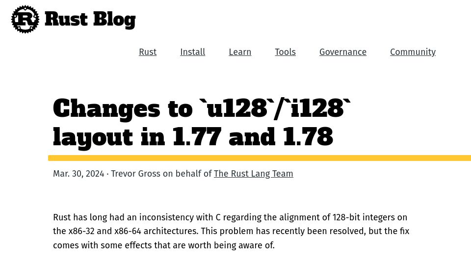Screenshot of blog.rust-lang.org: Layout of Rust's u128 and i128 changed