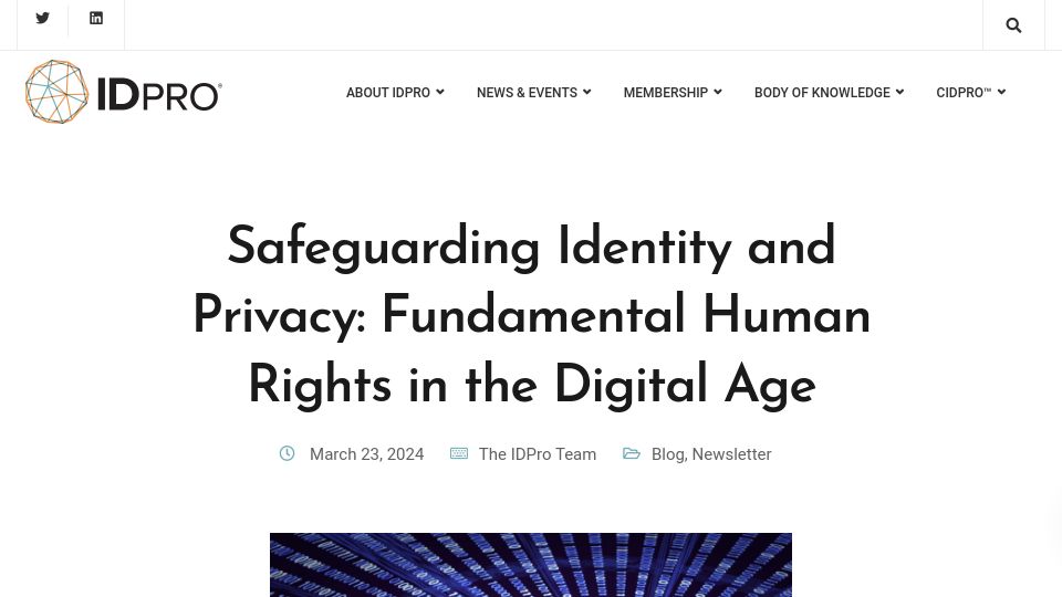 Screenshot of idpro.org: Safeguarding Identity and Privacy: Fundamental Human Rights in the Digital Age
