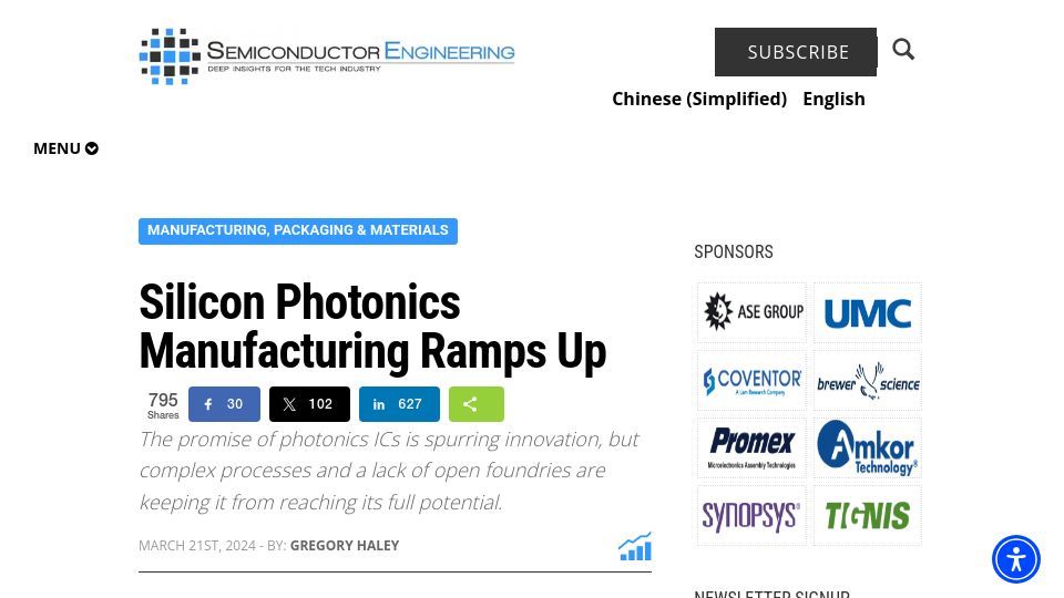Screenshot of semiengineering.com: Silicon Photonics Manufacturing Ramps Up