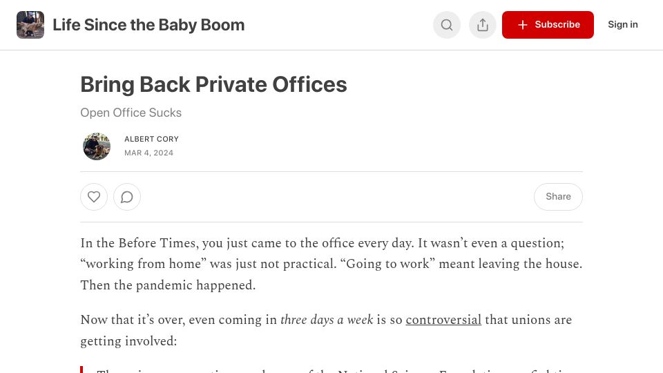 Screenshot of albertcory50.substack.com: Bring back private offices