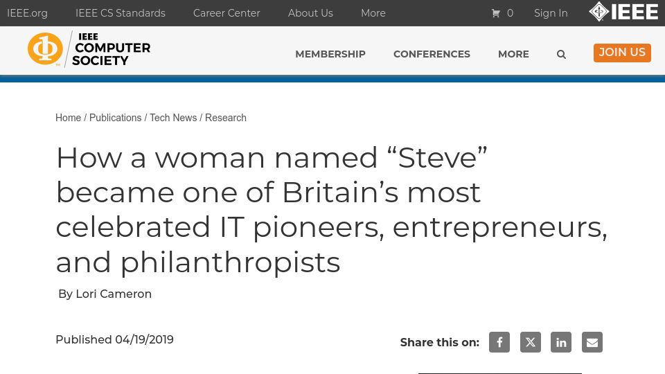 Screenshot of computer.org: A woman named "Steve" – IT pioneer, entrepreneur, philanthropist (2019)