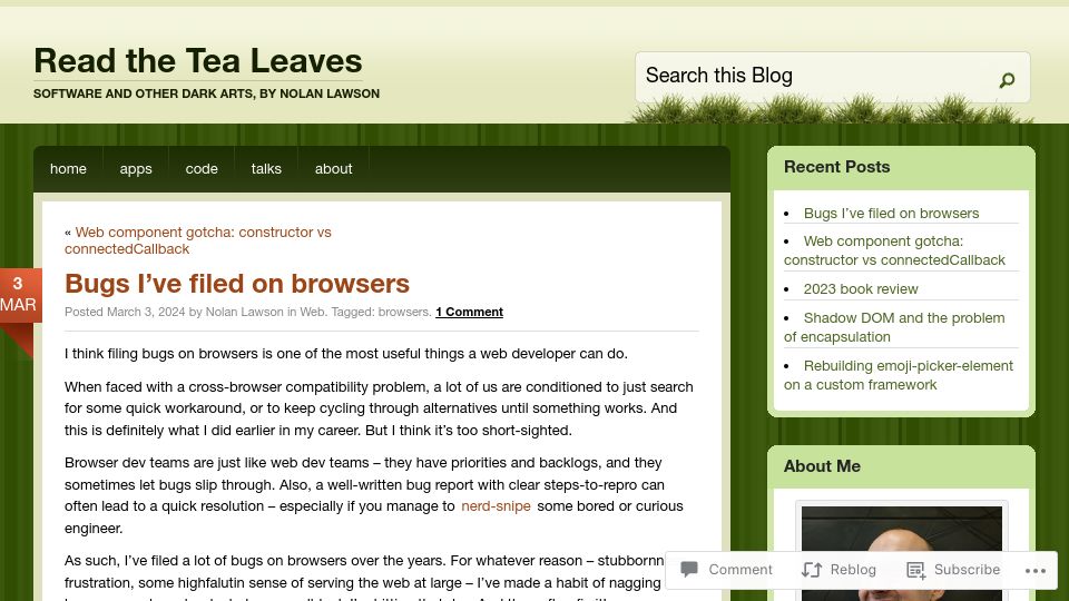 Screenshot of nolanlawson.com: Bugs I've filed on browsers