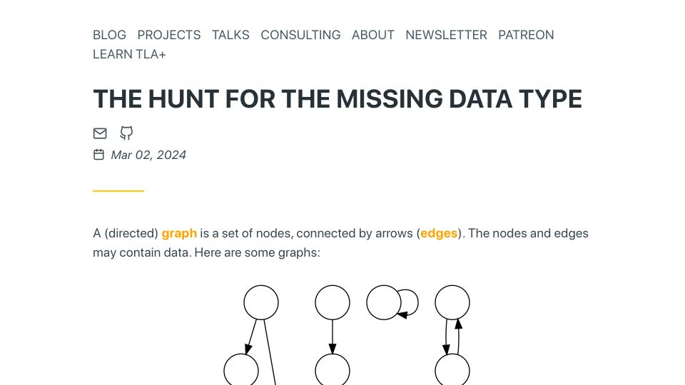 Screenshot of hillelwayne.com: The hunt for the missing data type