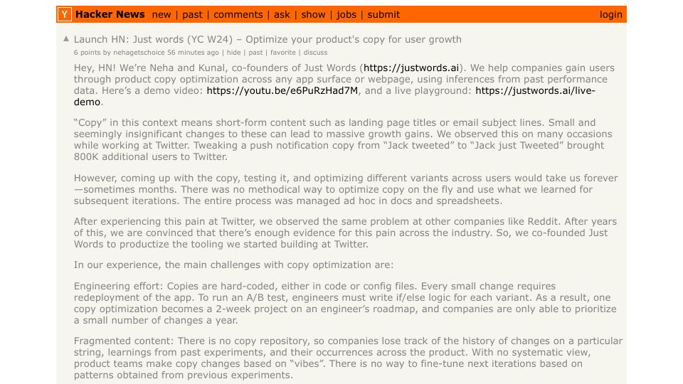 Screenshot of Hacker News post: Launch HN: Just words (YC W24) – Optimize your product's copy for user growth