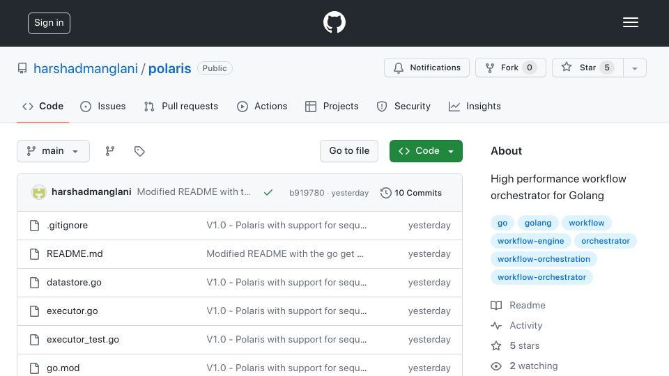Screenshot of github.com: Show HN: Workflow orchestrator in Golang
