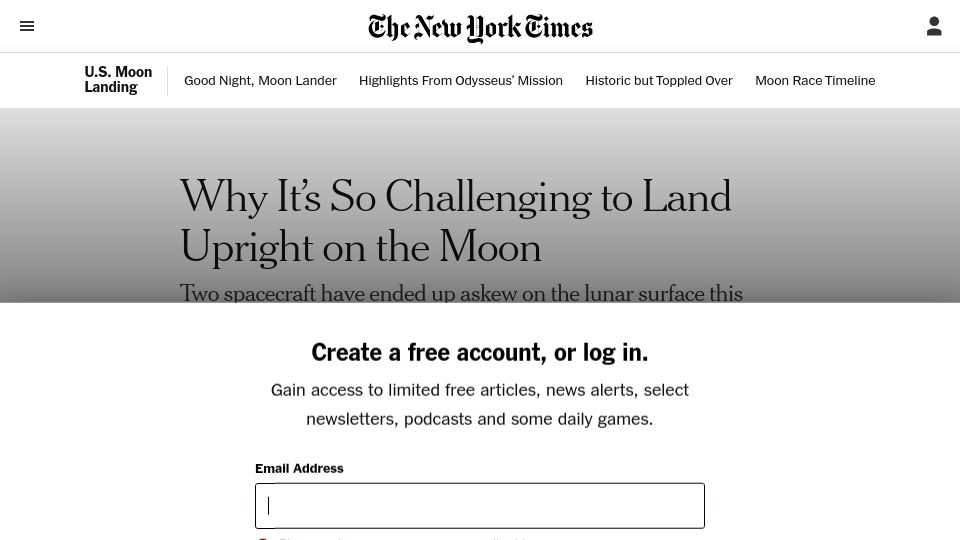 Screenshot of nytimes.com: Why it's so challenging to land upright on the moon