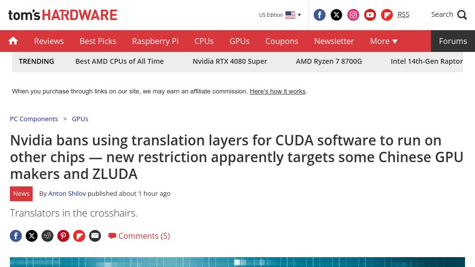 Screenshot of tomshardware.com: Nvidia bans using translation layers for CUDA software to run on other chips