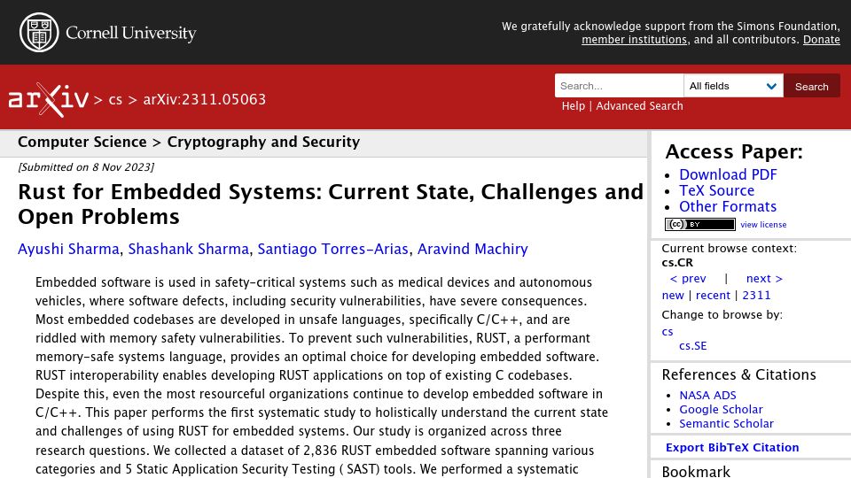 Screenshot of arxiv.org: Rust for Embedded Systems: Current state, challenges and open problems