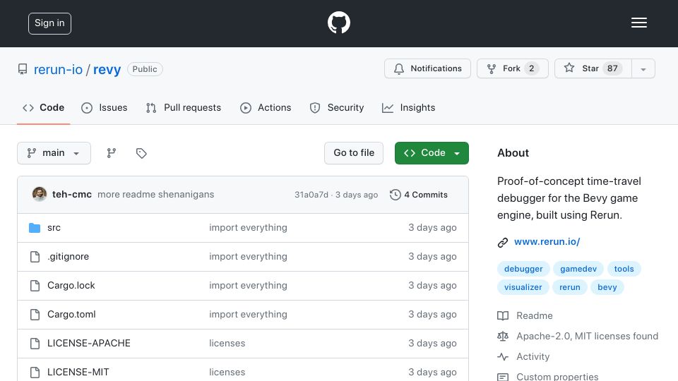 Screenshot of github.com: Revy – proof-of-concept time-travel debugger for the Bevy game engine