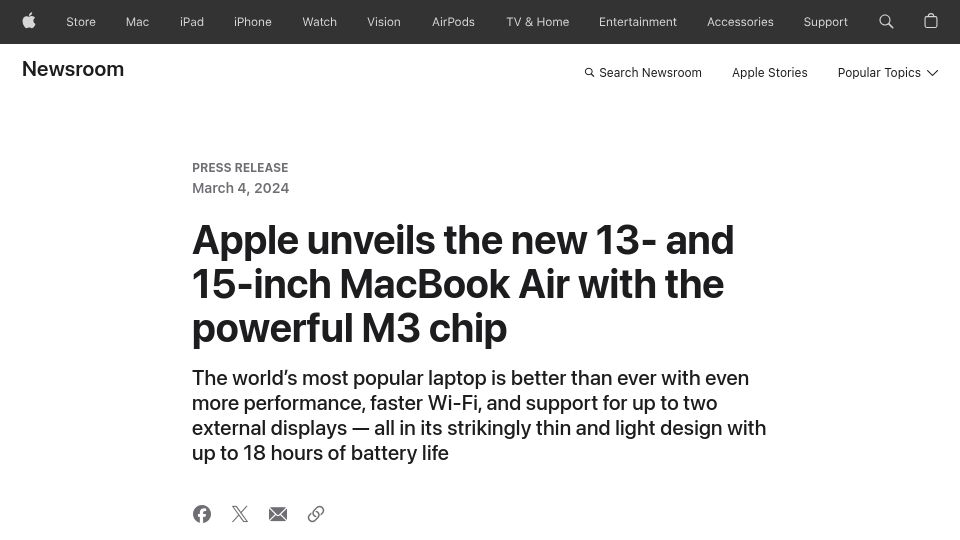 Screenshot of apple.com: New 13- and 15‑inch MacBook Air with M3 chip