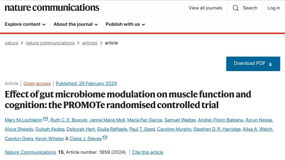 Screenshot of nature.com: Effect of gut microbiome modulation on muscle function and cognition