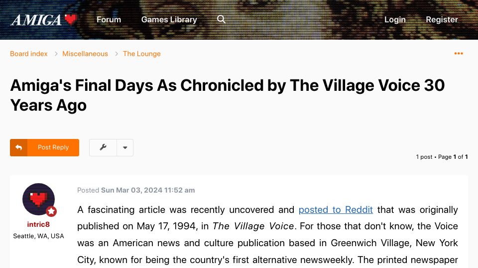 Screenshot of amigalove.com: Amiga's final days as chronicled by the Village Voice 30 years ago