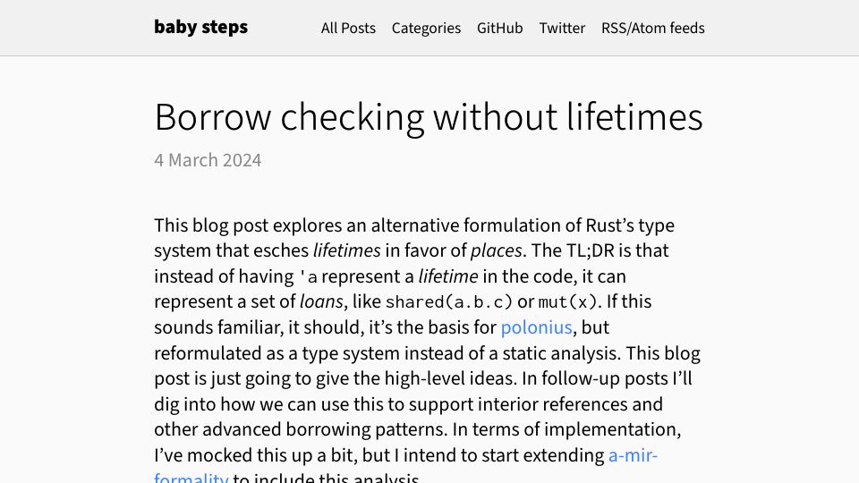 Screenshot of smallcultfollowing.com: Borrow checking without lifetimes