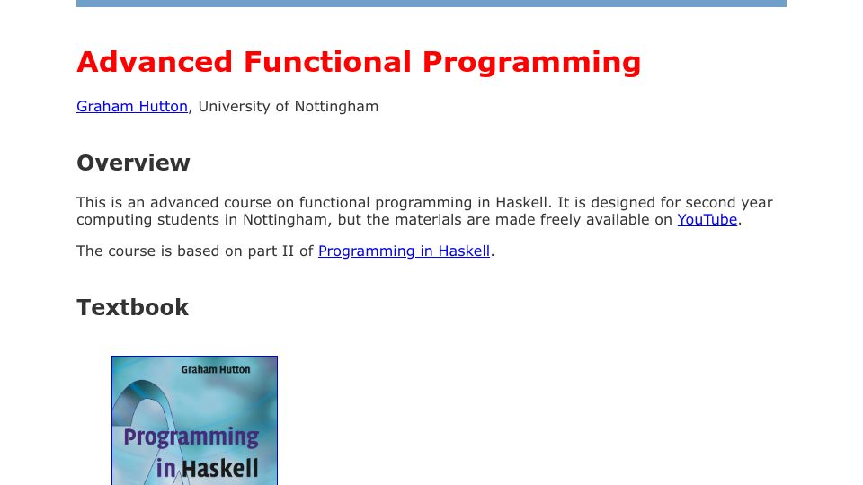 Screenshot of cs.nott.ac.uk: Advanced Functional Programming Free Course